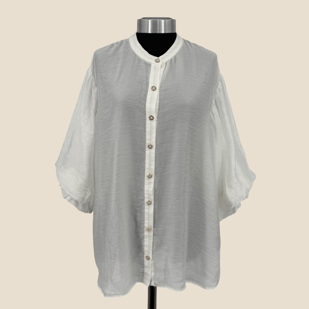 Zara Blouse Womens Small Oversized White Sheer Pearl Rhinestone Balloon Sleeve